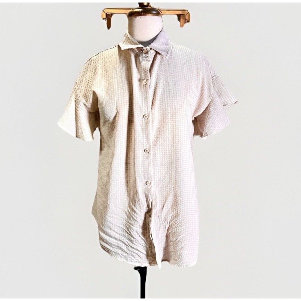 Max Studio Blouse Size M Women's Button Down Office Chic Gingham Textured Top